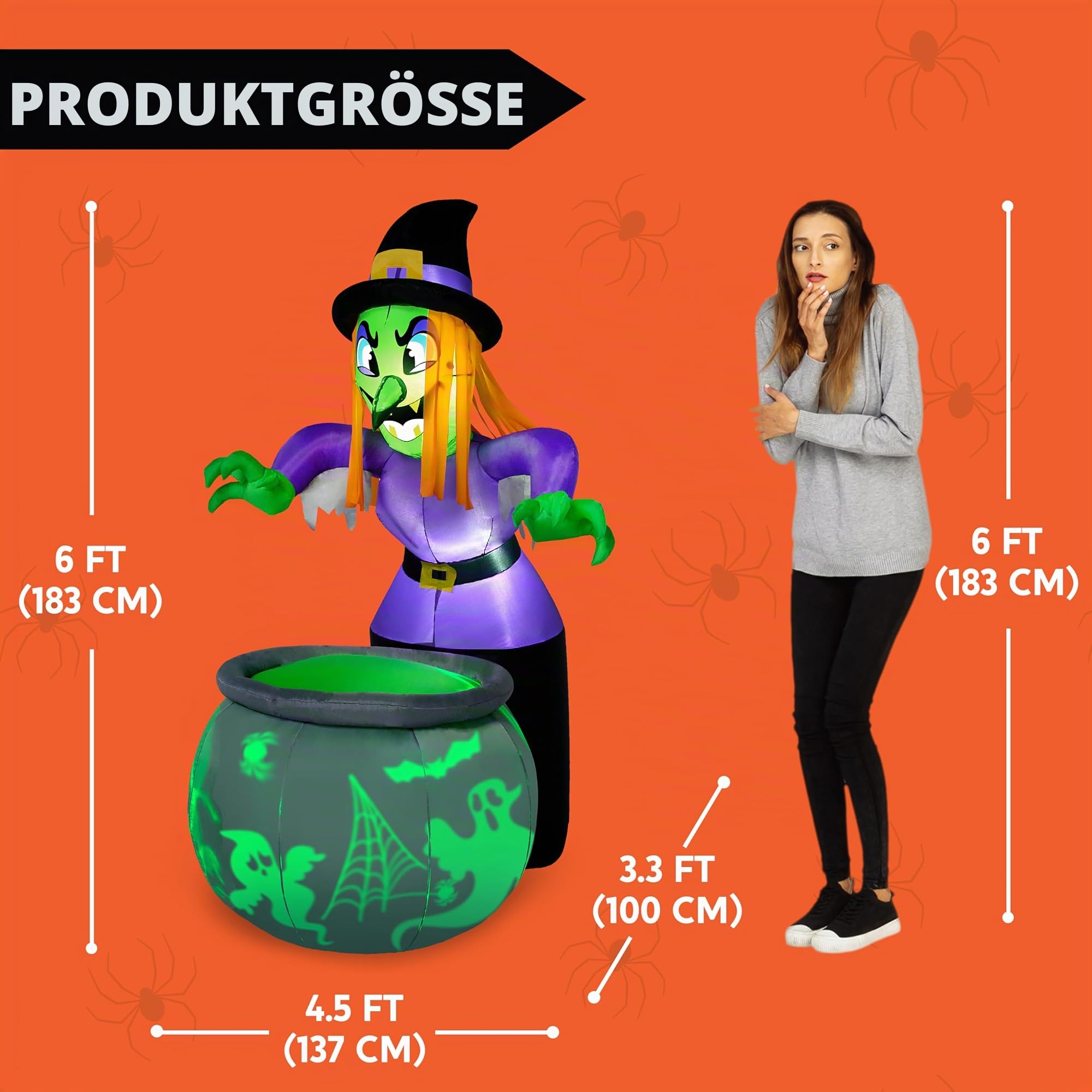 Joiedomi 6 Fuß große aufblasbare Hexe und Kessel-Dekoration für Halloween mit projizierendem rotierendem grünem Geisterlicht, aufblasbare Gartendekoration mit eingebauten LEDs für Halloween-Partys