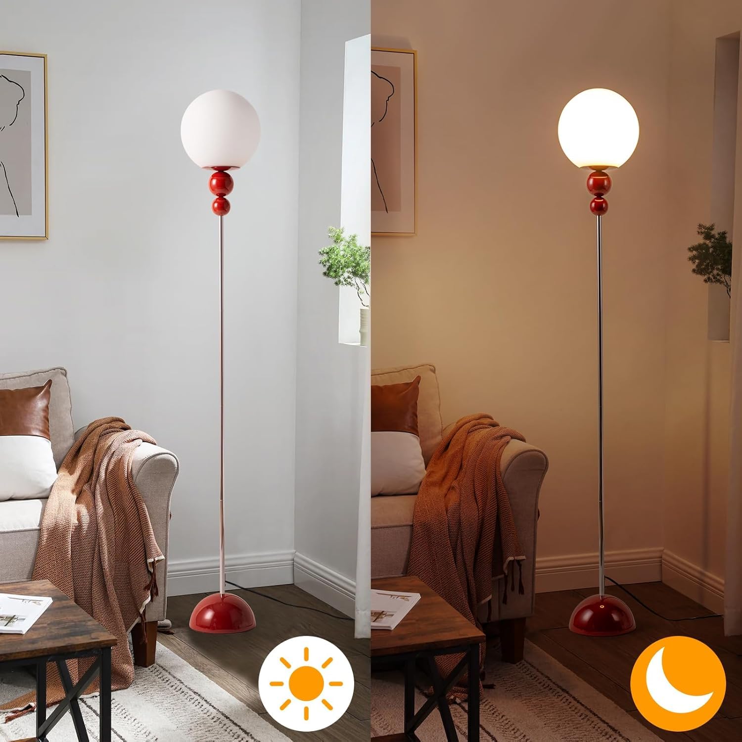 Alpinaluz Lampa Stojąca Czerwona E27 Kula Opalowa D24 cm Chrom Mid Century