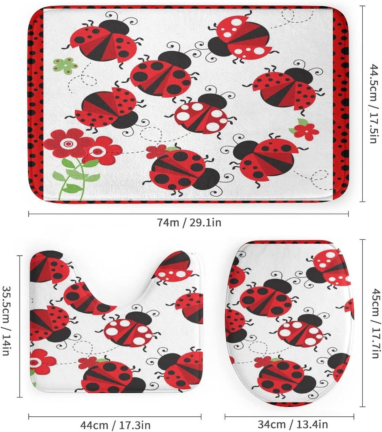 Cartoon Red&Black Ladybug Shower Curtain Sets with Rugs 4 Piece Accessories Bathroom Curtains Shower Set Include Shower Curtain Non-Slip Rug Toilet Lid Cover Bath Mat One Size
