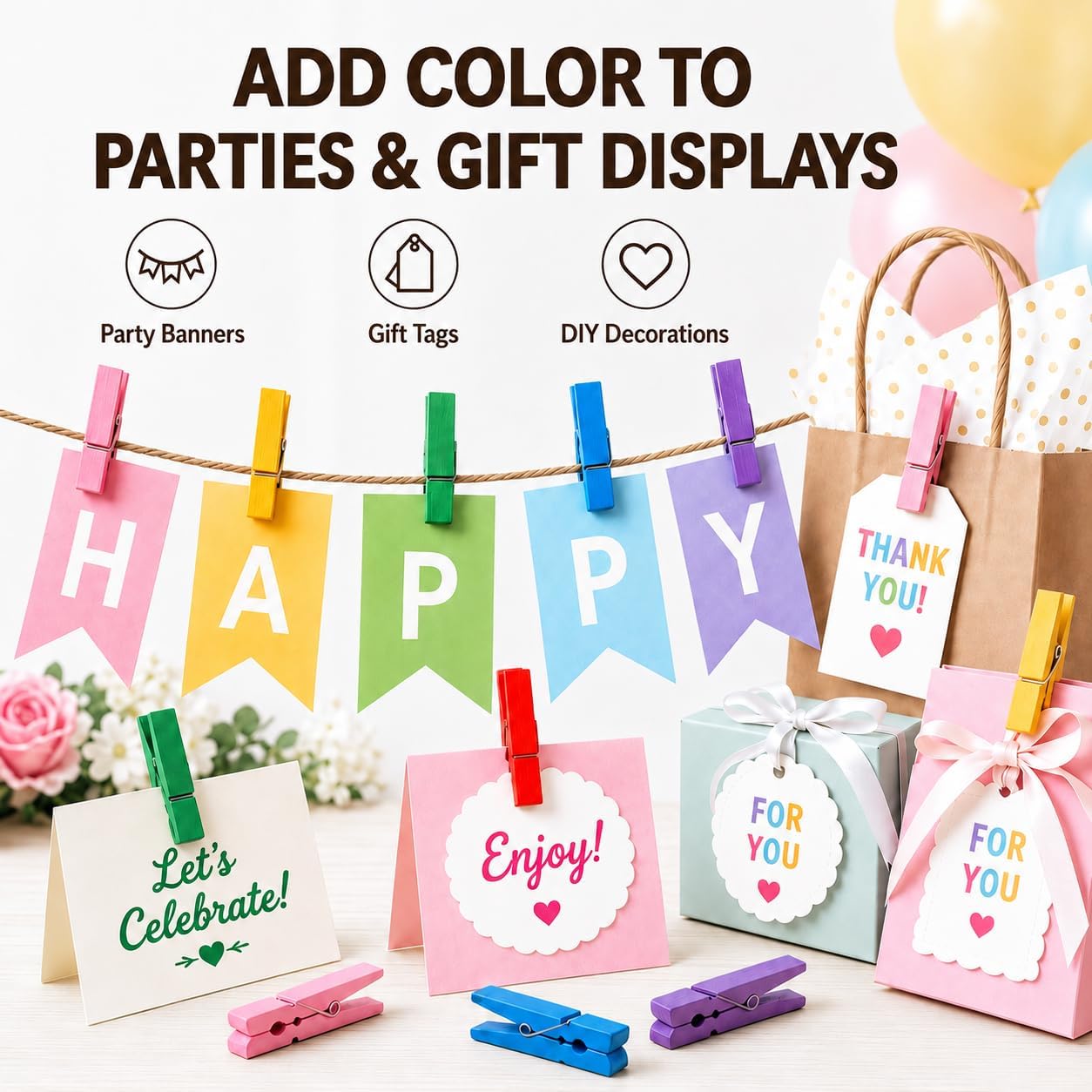 TONOS Wooden Clothespins 50 Pack, 2.9 Inch Colored Clothes Pins for Crafts