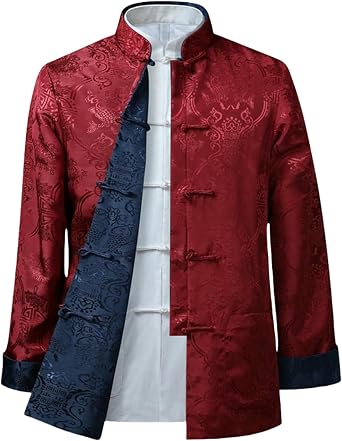 Mens Spring Autumn Thin Chinese Style Ethnic Reversible Silk Stand Collar Frog Button Tang Suit Jacket Top