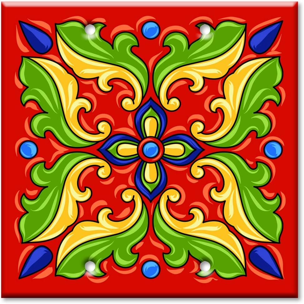 Art Plates - Decorative Light Switch Plate Cover Plate - Decorative Metal Wall Plate - 2 Gang Blank - Red - Green Mexican Talavera Tile (PRINTED IMAGE) - (Made in USA)