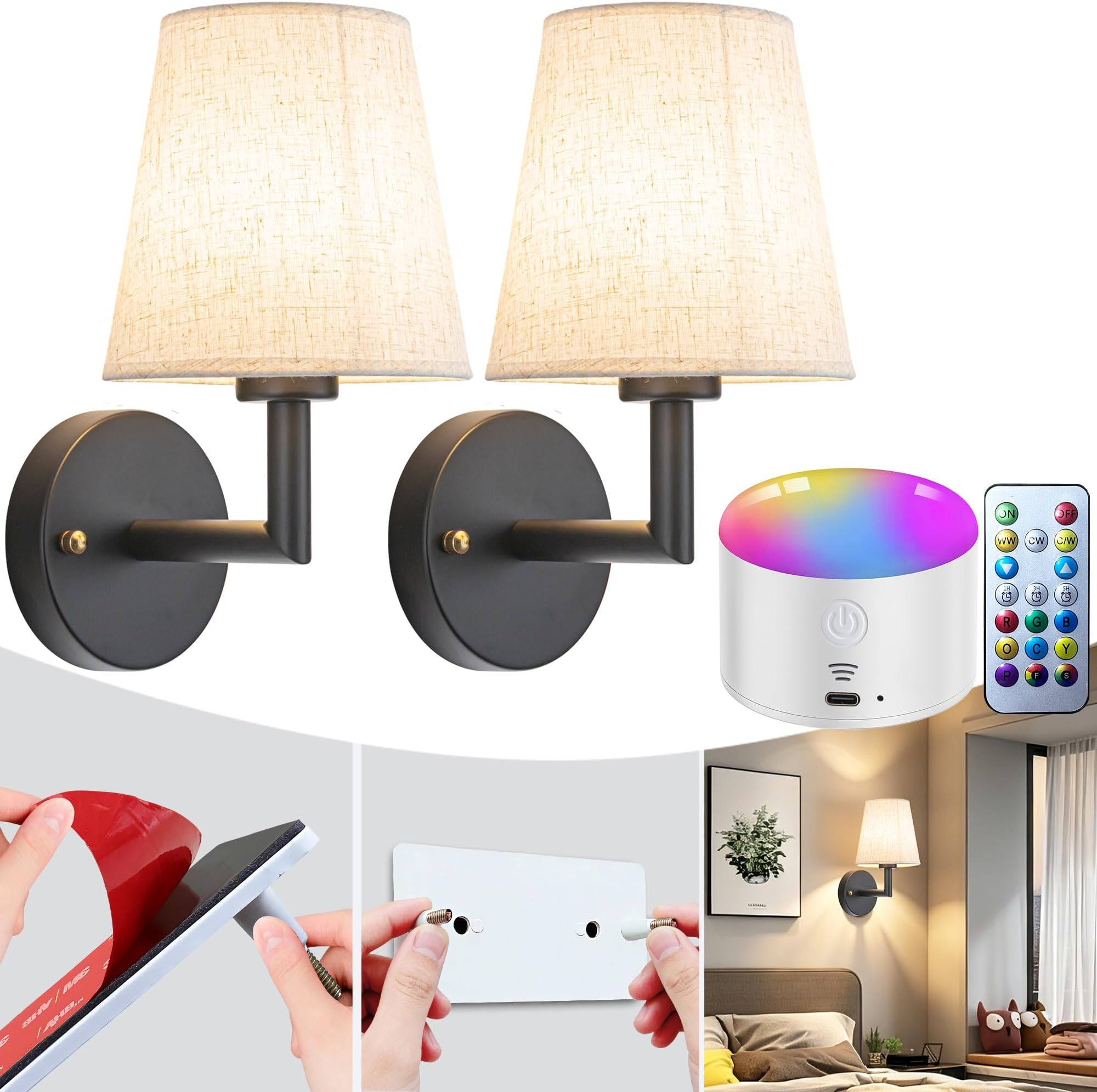YHCDLAMP Peel and Stick Wall Sconces, No Drilling Stick On Wall Sconce, Wireless Battery Operated Wall Lights, Adhesive Wall Lamp with 10000mAh Battery Bulb for Bedroom Living Room Decor