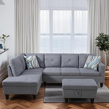 L Shaped Couches for Living Room, Sectional Couch Living Room Furniture with Storage Ottoman, Modular Sectional Sofa with Movable Chaise for Apartment Office, Grey