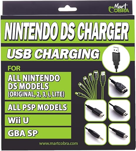 Mart Cobra USB Charger Cable for New 3DS XL/New 3DS/3DS XL/3DS/new 2DS XL/2DS/DS/DSi/GBA SP/DS Lite/Wii U Gamepad/PSP/Compatible 5 in 1 Nintendo 3DS Charger, Original Nintendo DS, Gameboy Advance SP