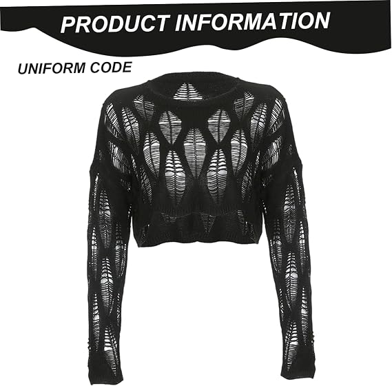 Crop Tops See Through Hole Gothic Clothes for Women Ripped Knit Pullover Emo Clothes for Women Girls Alt Black