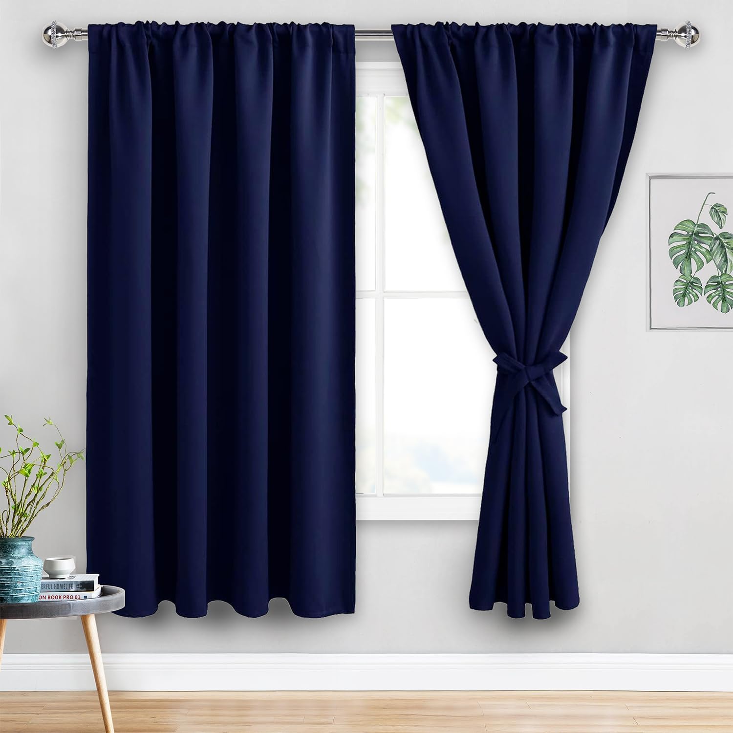 JIUZHEN Blackout Curtains for Bedroom - 60 Inch Wide Thermal Insulated Room Darkening Privacy Soundproof Curtains for Living Room, Set of 2 Panels with Tiebacks, 60 x 63 inches,Navy Blue