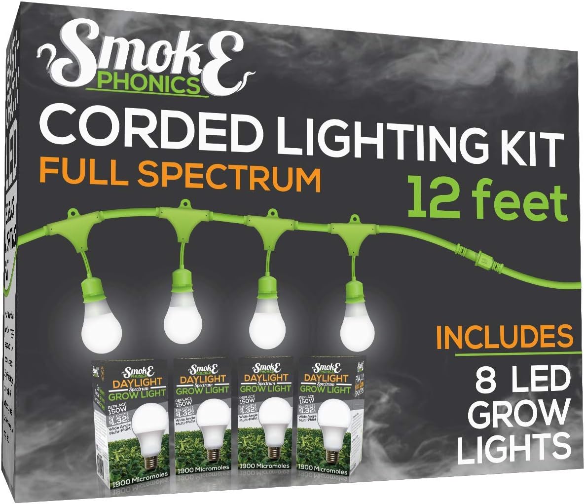 MiracleLED 602519 8-Socket 12ft Corded System Kit with 4 SmokePhonics Full Spectrum Grow Lights Replacing 1000W High Pressure Sodium/Halide Bulbs, 6-Foot