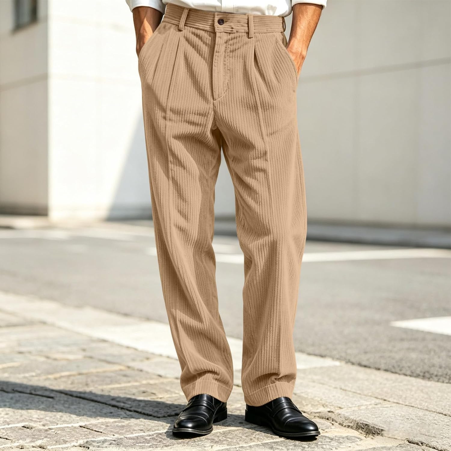 Pleated Dress Pants for Men Striped Business Casual Wide Leg Trousers | Double Pleats with Pinstripe, High-Rise Waist for a Vintage-Inspired Look, for Office, Weddings, and Formal Occasions