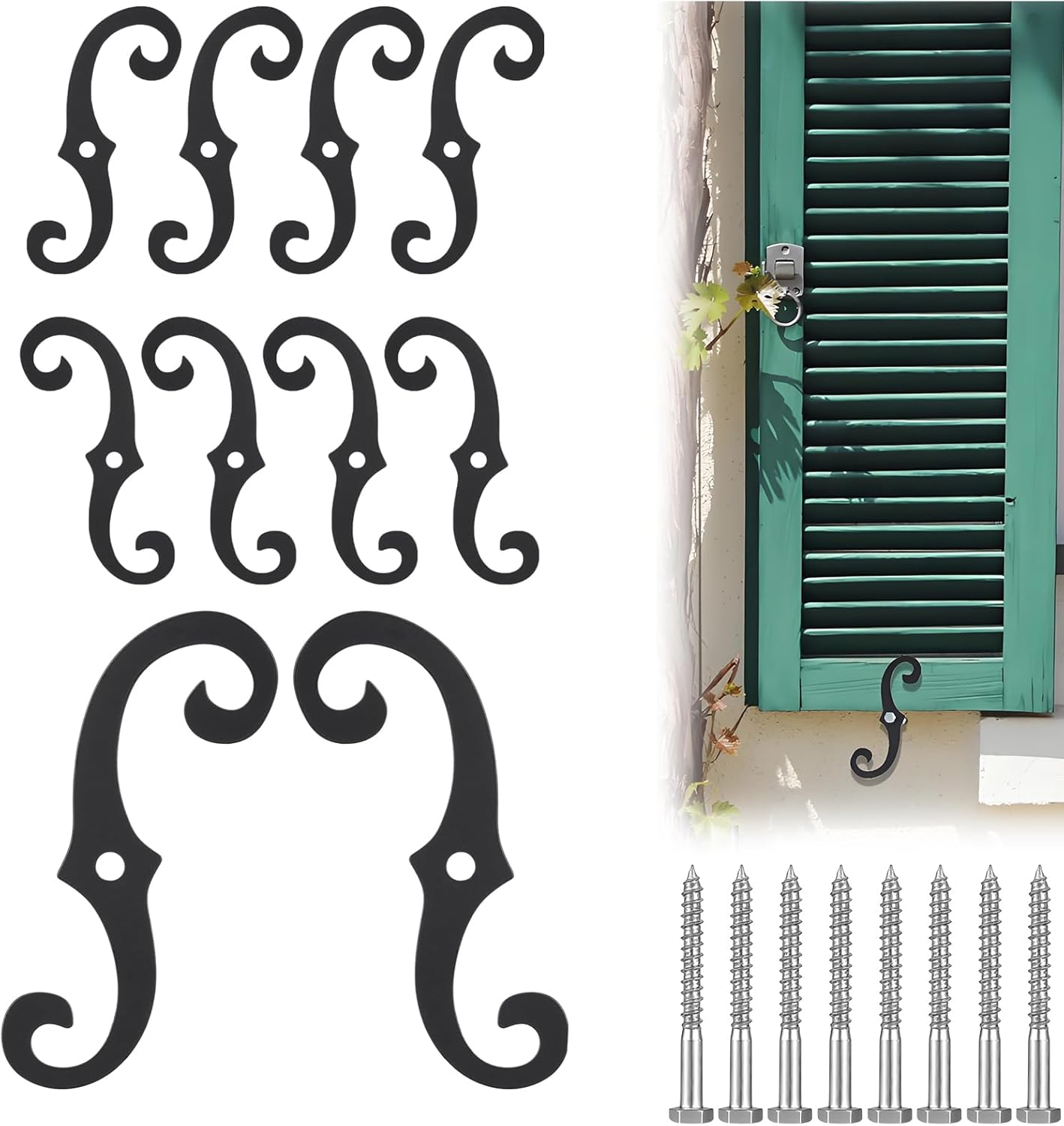 Rainmae 8 Pack S Style Shutter Dogs Hardware, 6.3 Inches Decorative Shutter Dog Holders with Screws, External Shutters Tieback for Exterior Decorative Shutters, Black