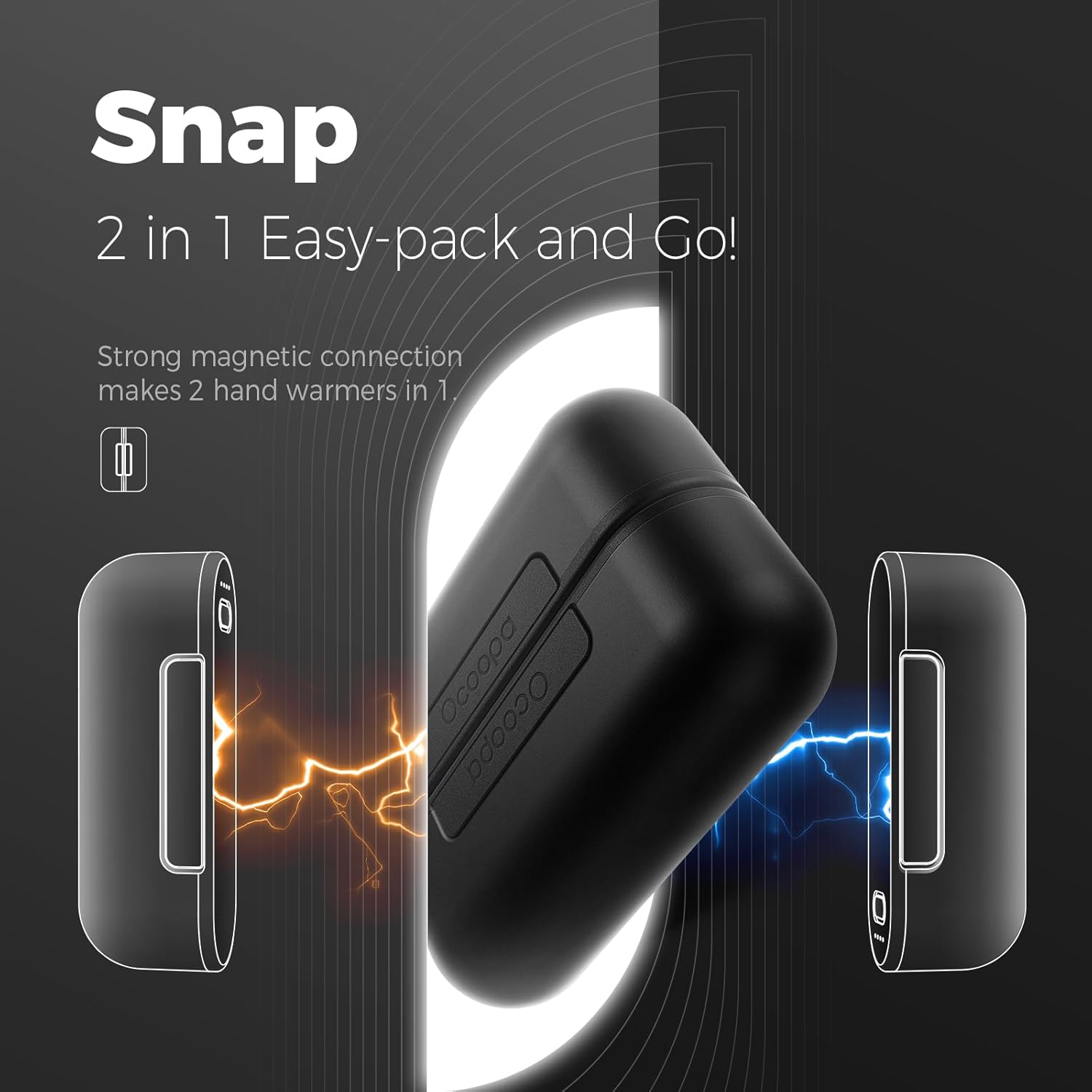 Graphic illustrating the magnetic connection between two OCOOPA hand warmers, highlighting the '2 in 1 Easy-pack and Go!' feature.
