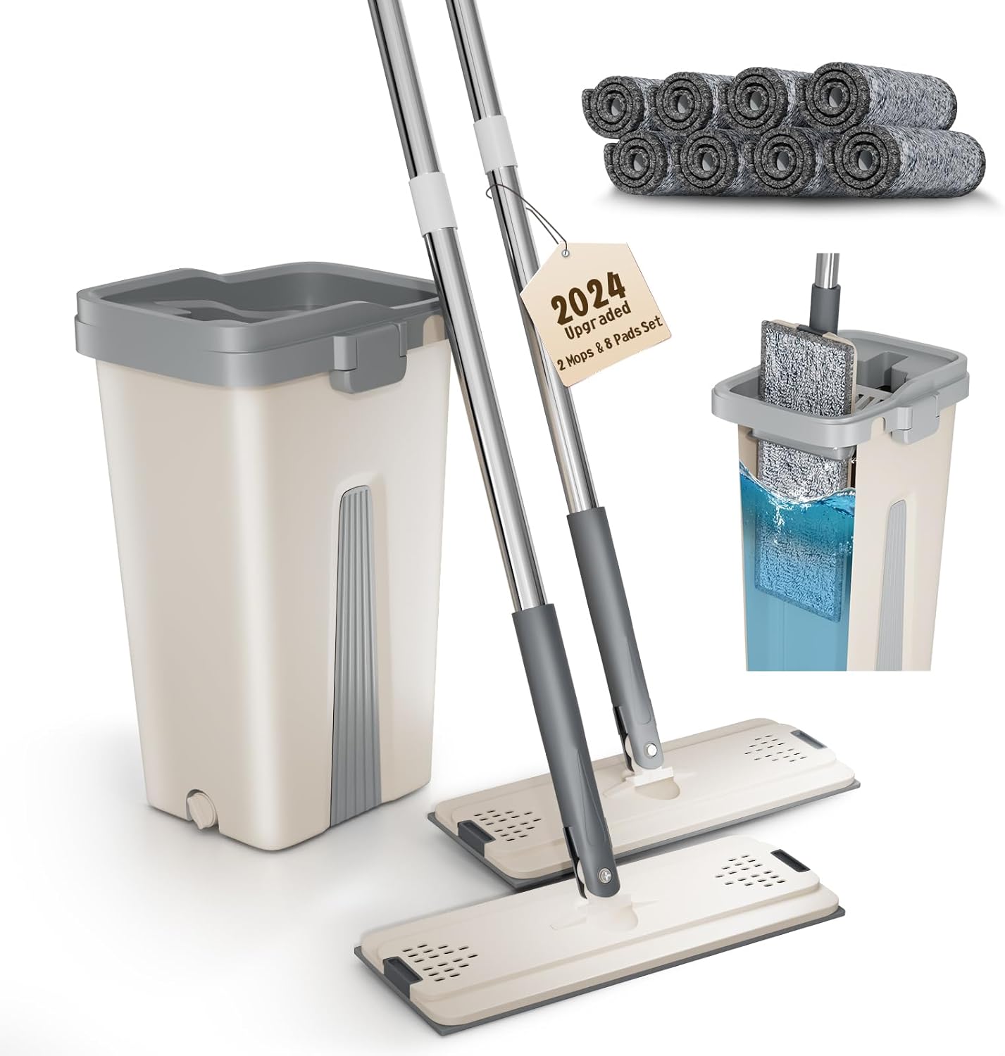 Mop and Bucket Set, Hands Free Flat Floor Mop and Bucket with 8