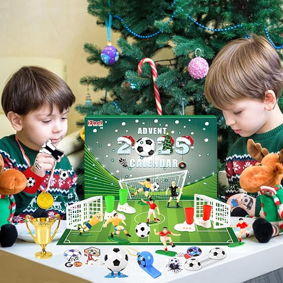 iZoeL Football Advent Calendar for Boys Girls 2025 World Football Gifts with Football Medal Whistle 24 Christmas Countdown Advent Calendar Christmas Stocking Gifts for Football Fans