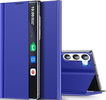 for Samsung Galaxy S24 Case View Clear Smart Window, with Kickstand for Samsung S24 Case Luxury Flip Slim Mirror Hard PC Leather View Clear Smart Window Case for Samsung Galaxy S24 Cover Blue