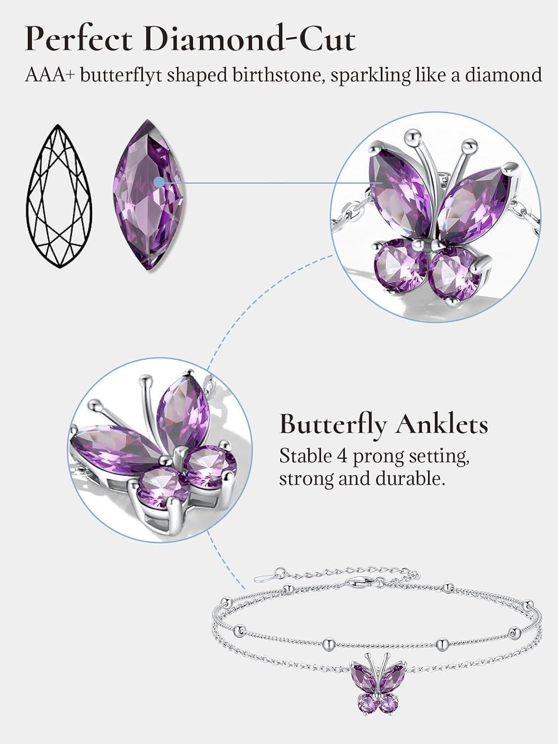 SILVERCUTE Silver Anklets for Women Cute Butterfly Jewelry 925 Sterling Silver Anklets Waterproof Summer Beach Foot Bracelet January to December Birthstone Anklet 22-27cm