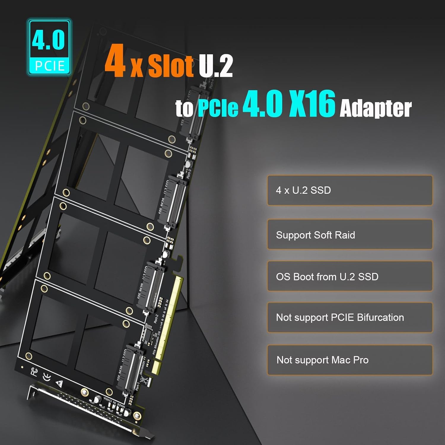 GLOTRENDS PU41 Quad U.2 to PCIe 4.0 X16 Adapter Without PCIe Bifurcation, Setup Soft U.2 SSD RAID via OS Tool, (PCIe Bifurcation Motherboard is Required)