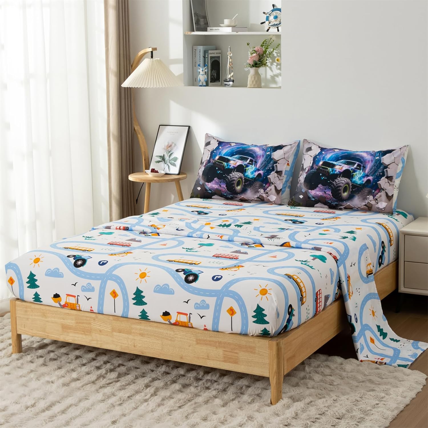 Holawakaka Boys Girls Twin Size Lightening Truck Print Bedding Comforter Set with Sheets, Galaxy Racing Car Bed in A Bag 5 Pieces Kids Teens Dorm Reversible Bed Sets, Blue Purple,Twin