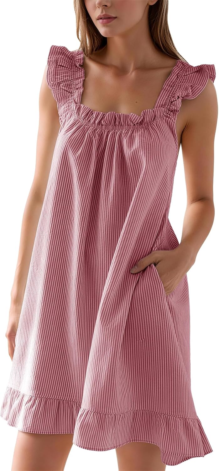 Flygo Nightgowns for Women Cotton Ruffle Sleepwear House Dresses Striped Sleeveless Night Gown Sleep Dress with Pockets