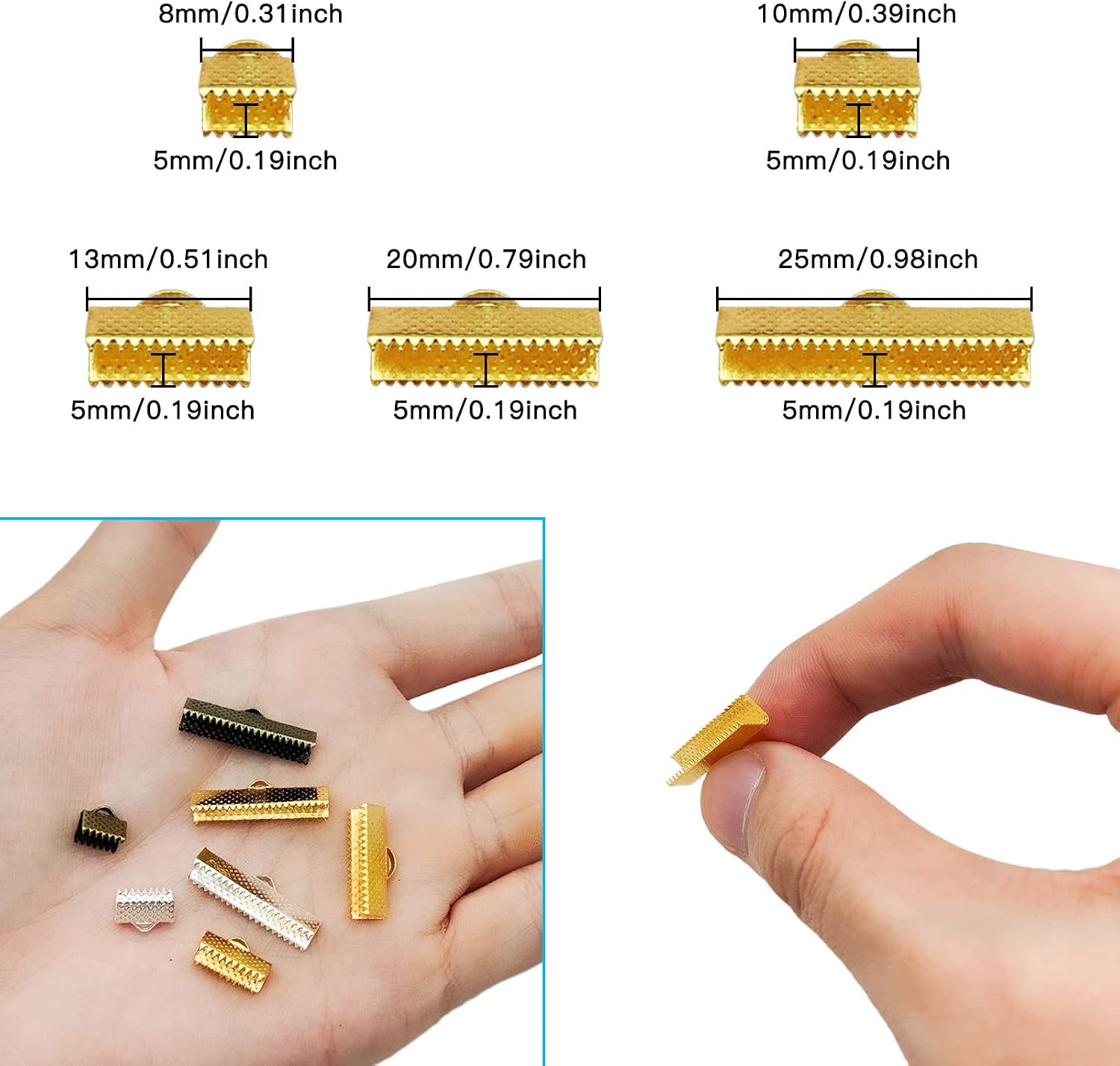 150pcs Clamps Crimp Ends Bracelet Bookmark Leather Pinch Crimps Ribbon Ends Suede End Fasteners Clasp Leather Crimp Ends for Jewelry Making Findings(3 Colors,5 Size)