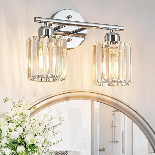 Miniatura 8 de Moderna lámpara de tocador de cristal de 2 luces, lámpara vertical de baño de níquel cepillado sobre espejo para tocador y lavabo, compatible con
