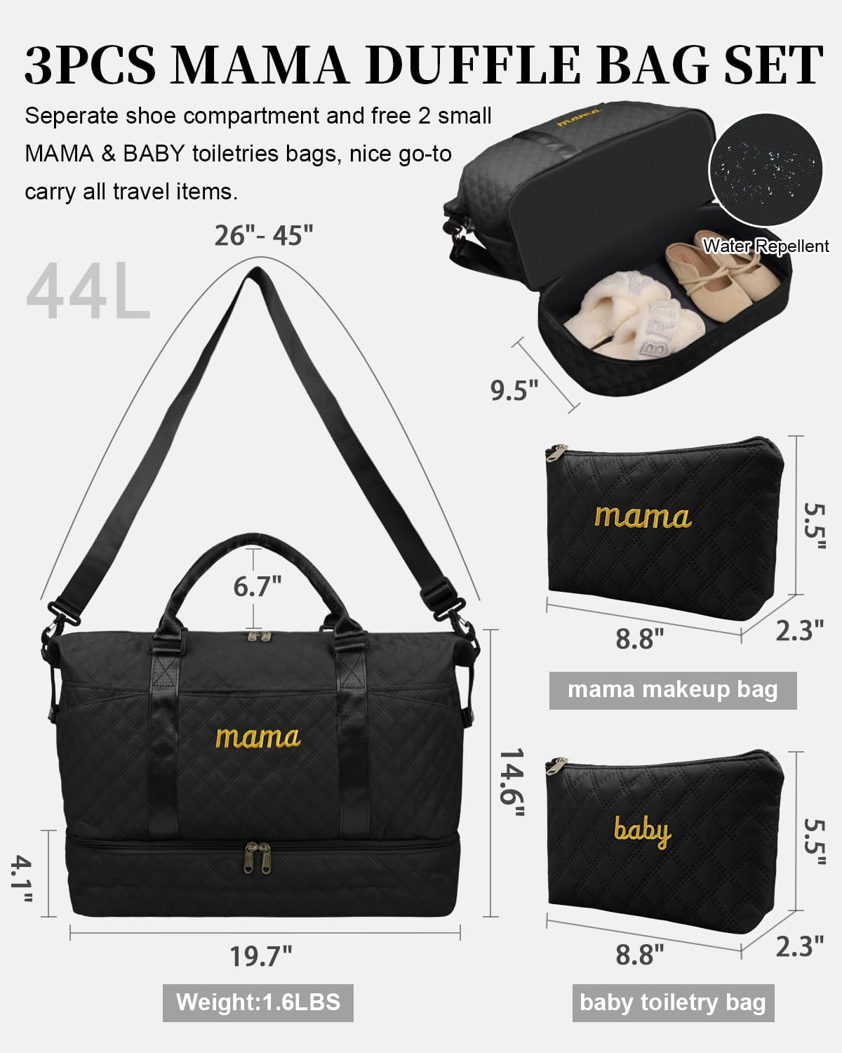 Mama Baby Pregnancy Hospital Bag Essentials for Women Labor Delivery Diaper Organizer with Shoe Compartment,2 Waterproof Toiletry Pouch Travel Duffle Bag for Mommy Weekender Overnight Gym Gifts,Black