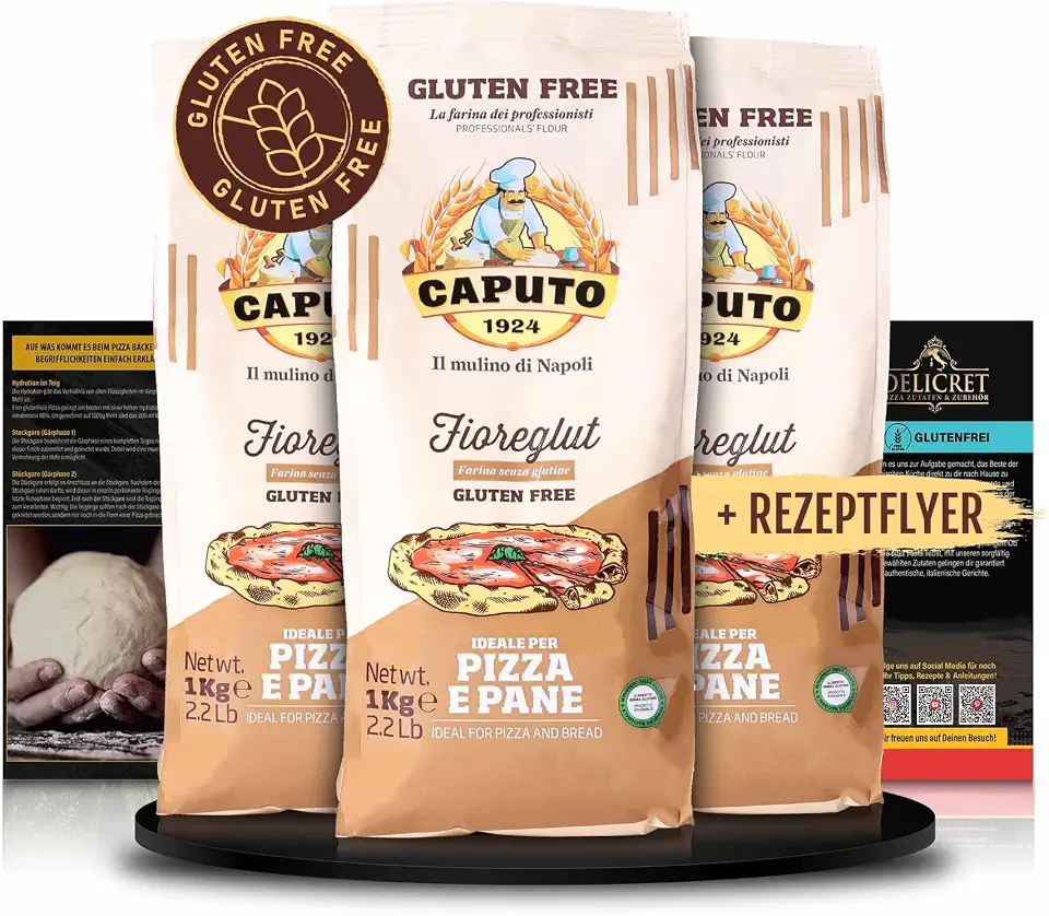 DELICRET - 3x1kg Caputo Mehl glutenfrei fioreglut - bestens geeignet als Pizzamehl + Rezeptguide mit Schritt für Schritt Anleitung
