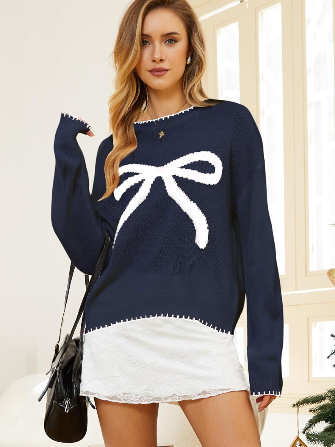 Milumia Women's Bow Print Drop Shoulder Long Sleeve Sweater Crew Neck Knit Fall Tops - Image 3