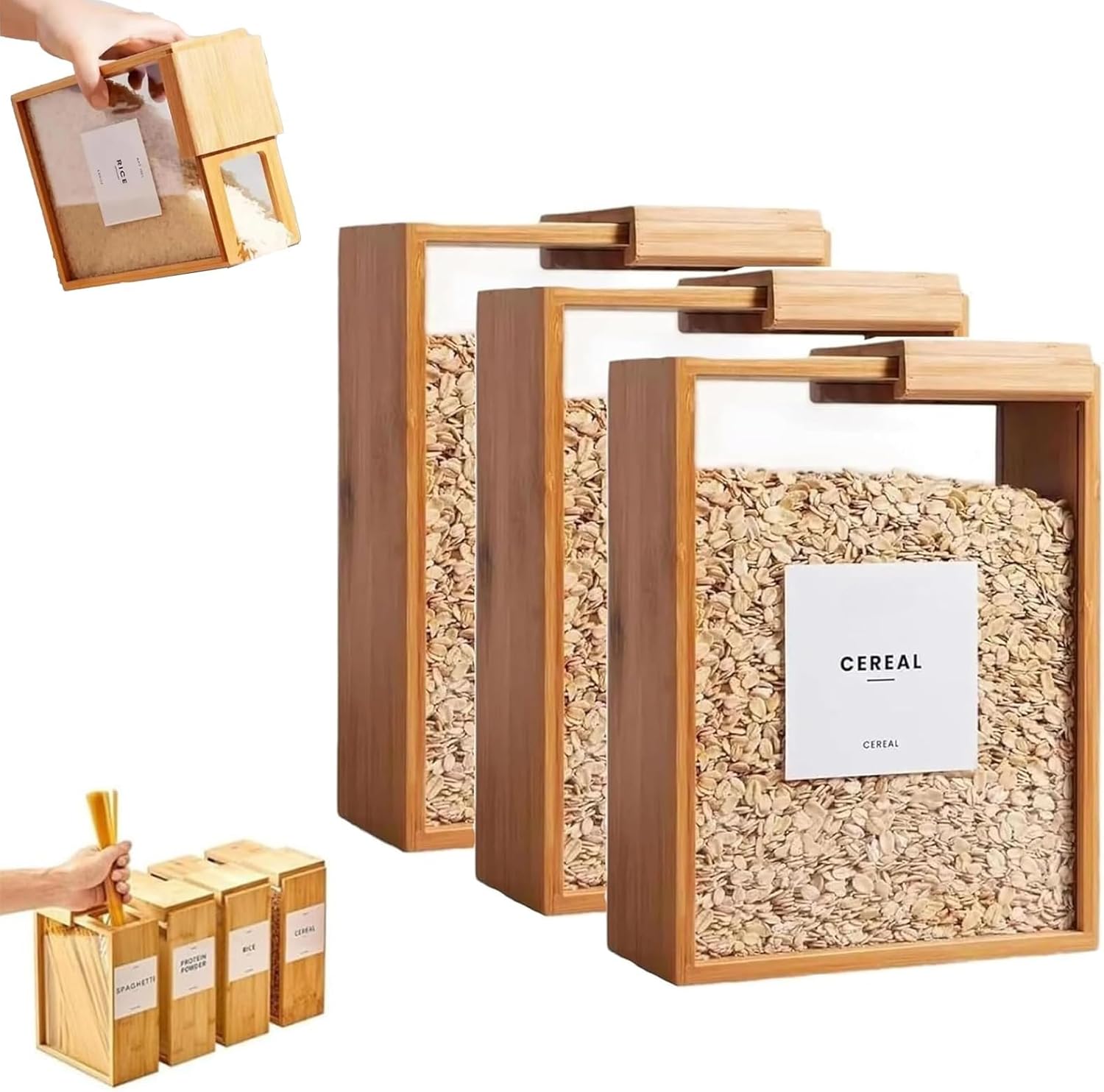 Wooden Cereal Storage Box, 2026 New Airtight Pantry Bins Container with Lids, Upgrade Home Organization, Can Bamboo Rice Dispenser with Removable Lids for Rice, Snack & Flour (2Pcs)