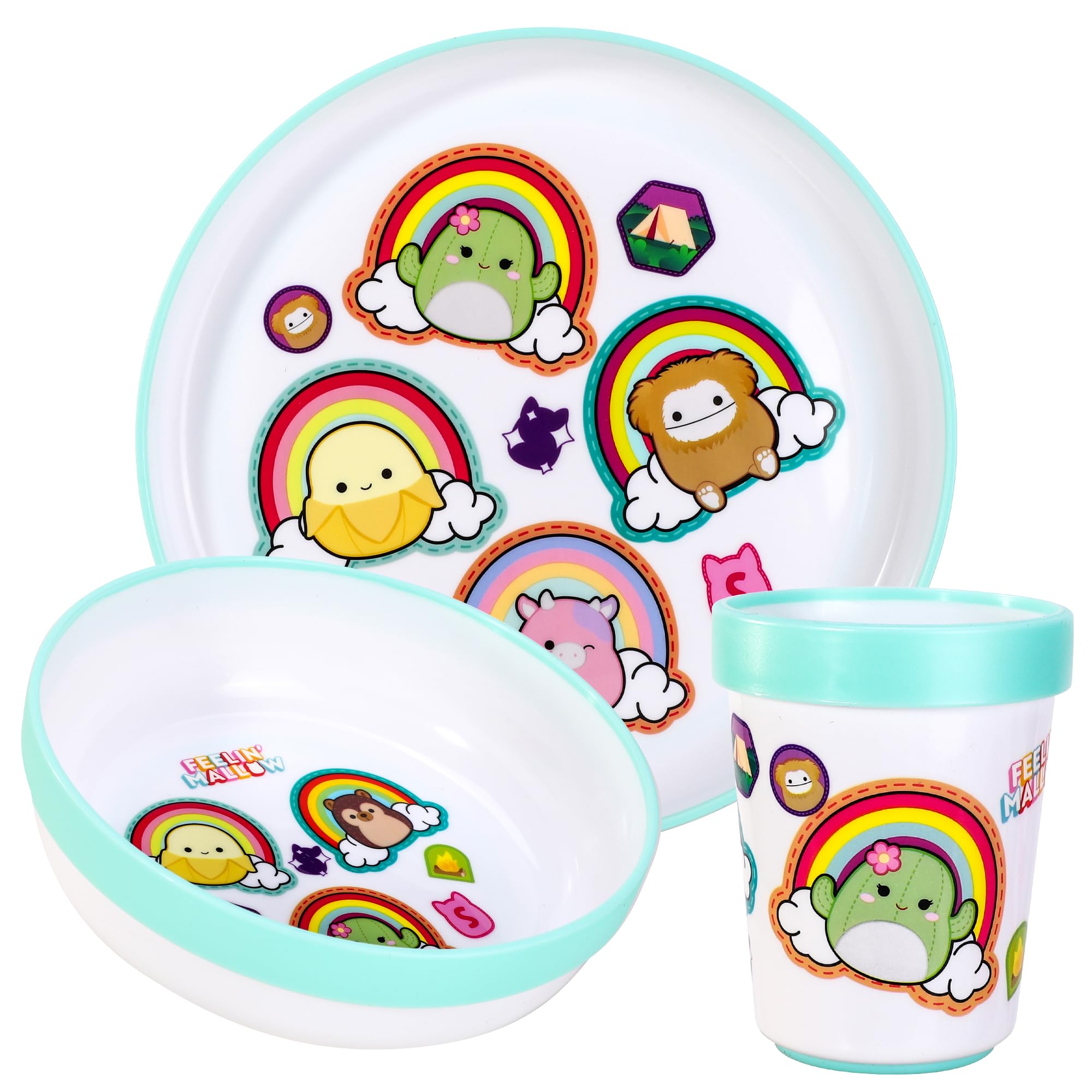 Squishmallows 3pcs Reusable Bicolor Premium Kids Dinner Tableware Set Plate, Bowl & Tumbler, BPA Free