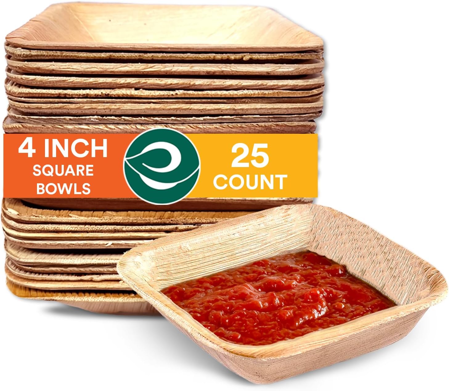 ECO SOUL 100% Compostable Small 4 Inch 150 ml Square Palm Leaf Bowls [25-Pack] Disposable Dessert Bowls Bamboo Style I Heavy Duty Eco-Friendly Sturdy Bowl I Biodegradable Eco Bowls