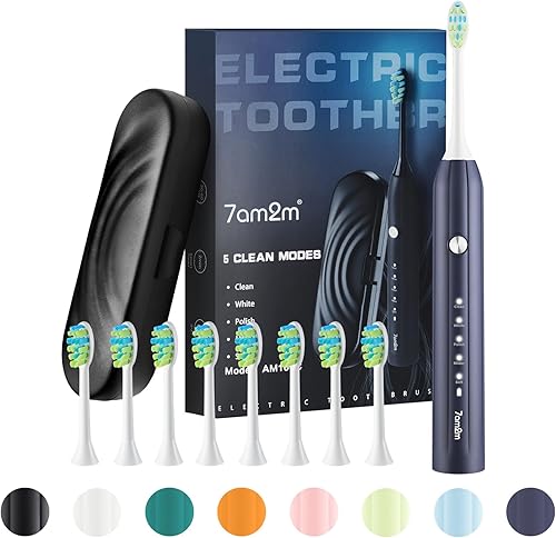 7AM2M Sonic Electric Toothbrush with 6 Brush Headsfor Adults, High Power Rechargeable Toothbrushes, One Charge for 90 Days, 5 Modes with 2 Minutes