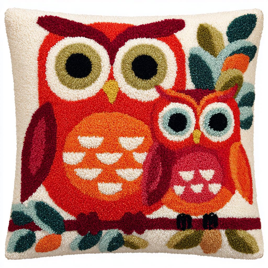 Taxpy Latch Hook Cushion Kits, Animal Owl Pillow Case Rug Cover DIY Needlework Embroidery Kits Handmade Cushion Kit 43x43cm