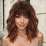 AISI HAIR Ginger and Brown Synthetic Wavy Curly Bob Wig with Bangs Short Wavy Hair for Women Synthetic Heat Resistant Bob Wigs