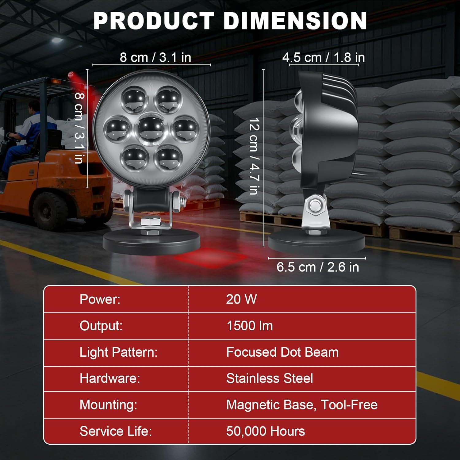 LED Forklift Safety Light Red Spot Light with Magnetic Mount, DC10–80V Wide Voltage, IP68 Waterproof, Aluminum Housing, Compact Easy‑Mount Warning for Forklift/AGV Warehouse Safety