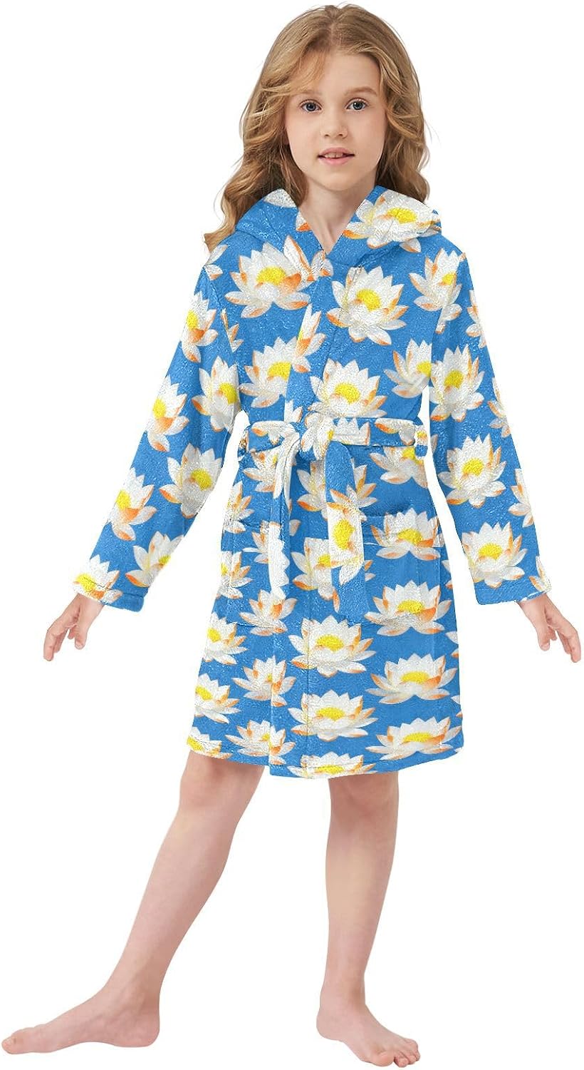 GuoChe Blue Background Water Lily Flower Pattern Hooded Pajama Robe For Girls