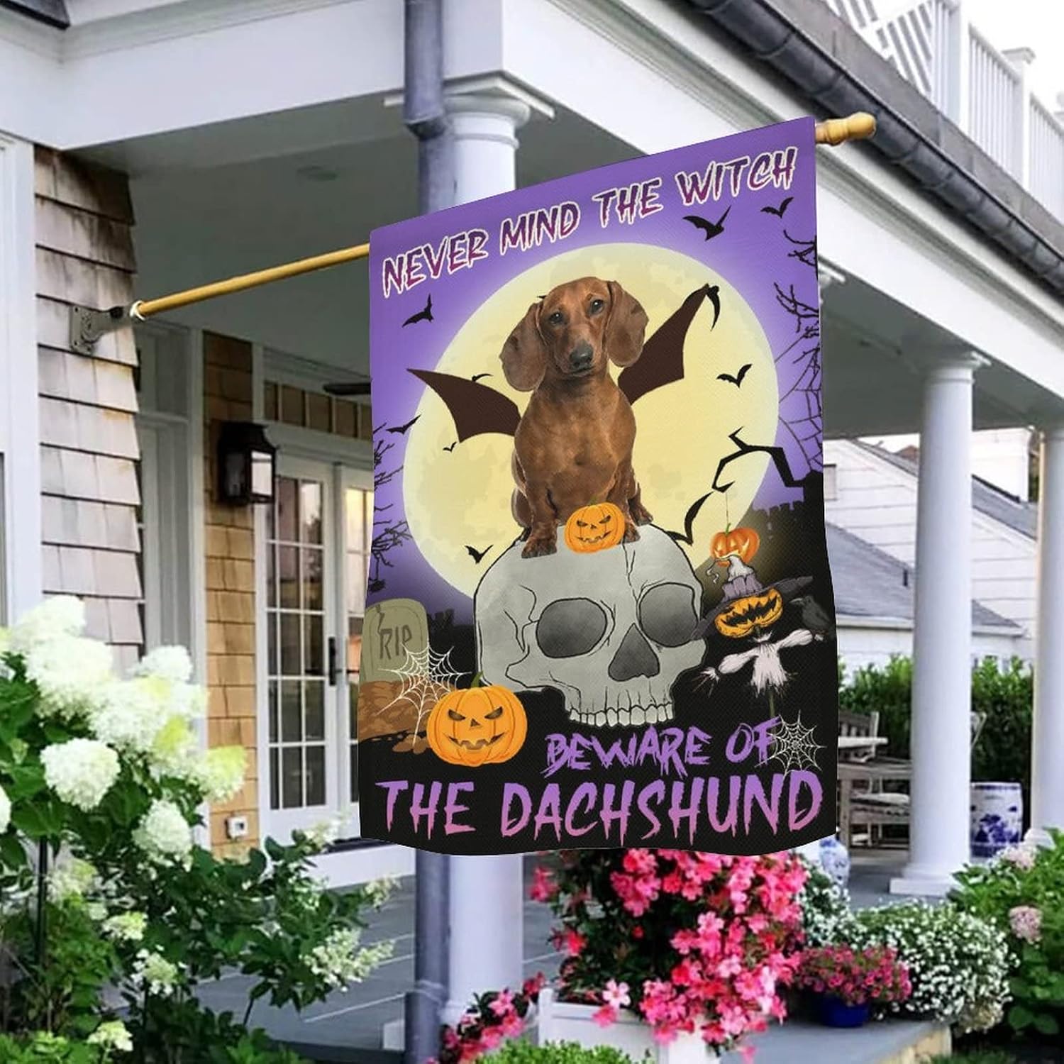 Never Mind The Witch Beware Of The Dog Garden Flag Dachshund Decorative Flag Vertical Double Side Banner Funny Decor for Yard Home Door Outdoor Gate Lawn 28x40 Inch