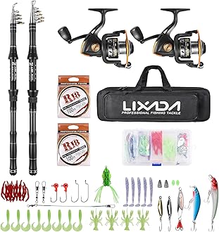 Eacam Fishing Rod Reel Combo, 2PCS Fiberglass Telescopic Fishing Rod with Spinning Reel, Fishing Line, Lures Hooks, Jigs Swivels, Saltwater Freshwater Travel Fishing Kit