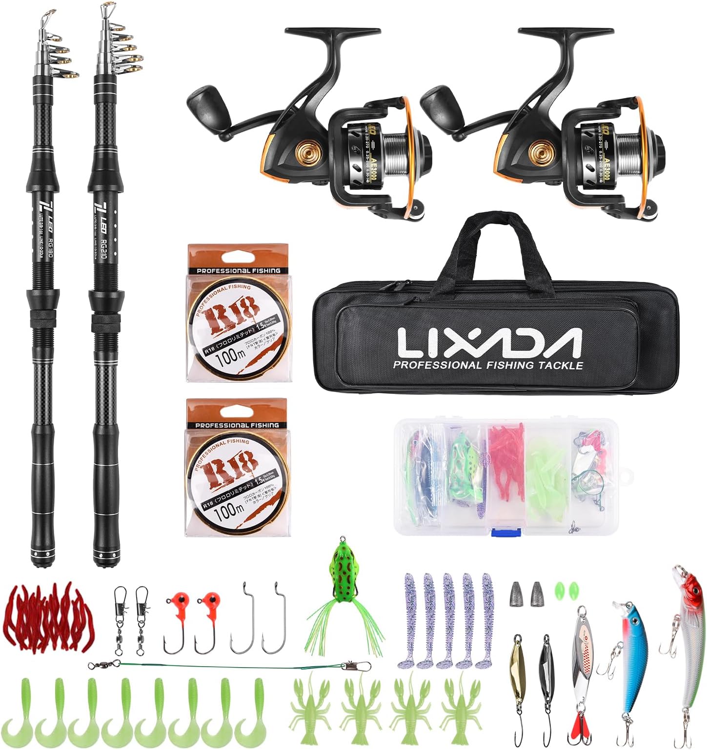 Eacam Fishing Rod Reel Combo, 2PCS Fiberglass Telescopic Fishing Rod with Spinning Reel, Fishing Line, Lures Hooks, Jigs Swivels, Saltwater Freshwater Travel Fishing Kit