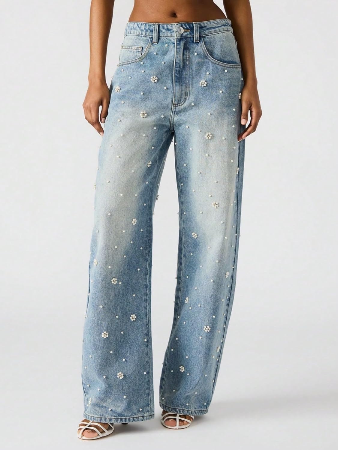 Pearl Jeans for Women Trendy High Waisted Straight Leg Jeans Boyfriend Rhinestone Wide Leg Denim Pants Trousers