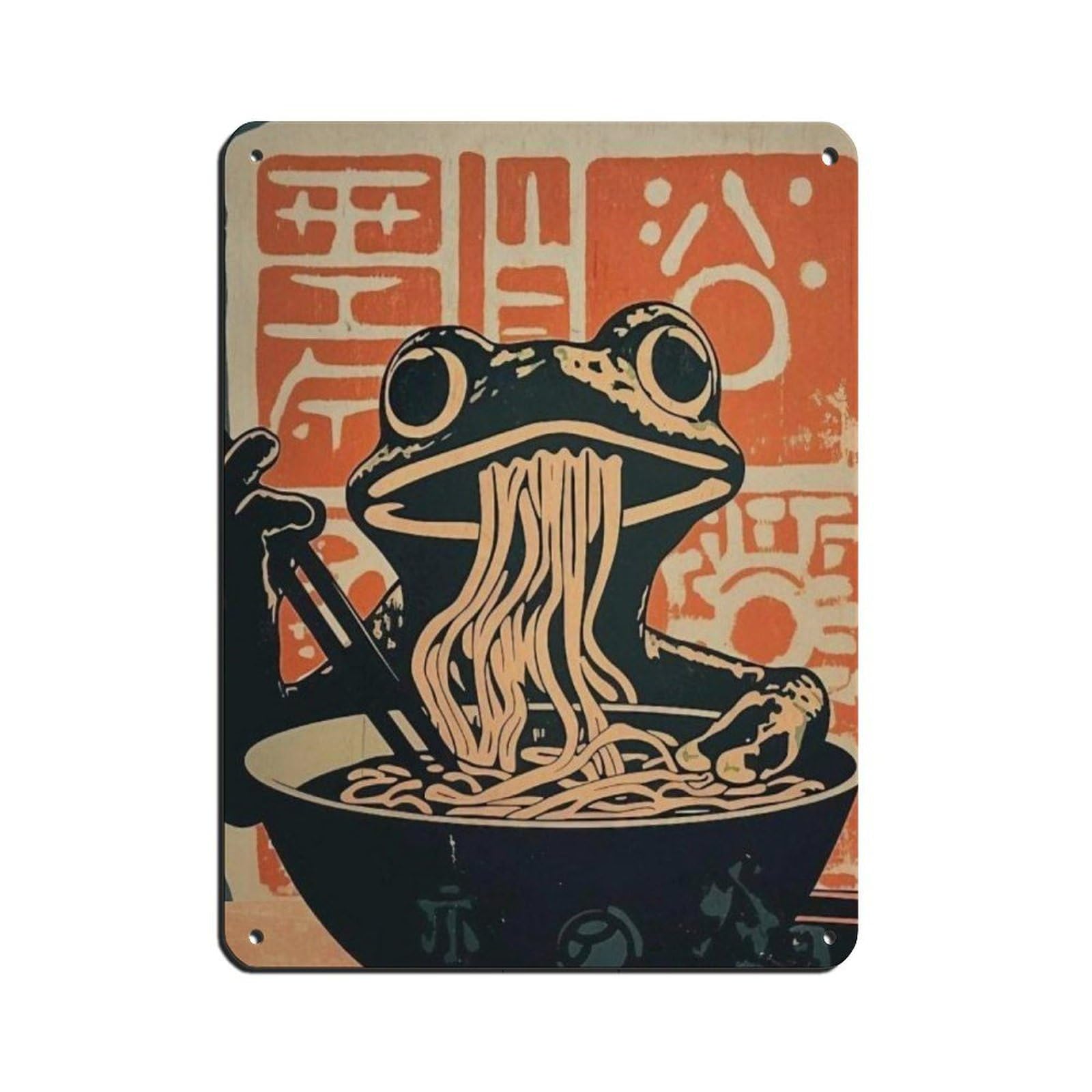 Retro Frog Eating Noodles Art Poster, Tin Sign Vintage Metal Pub Club Cafe Bar Home Wall Art Decoration Poster Retro 12x16inch(30x40cm)