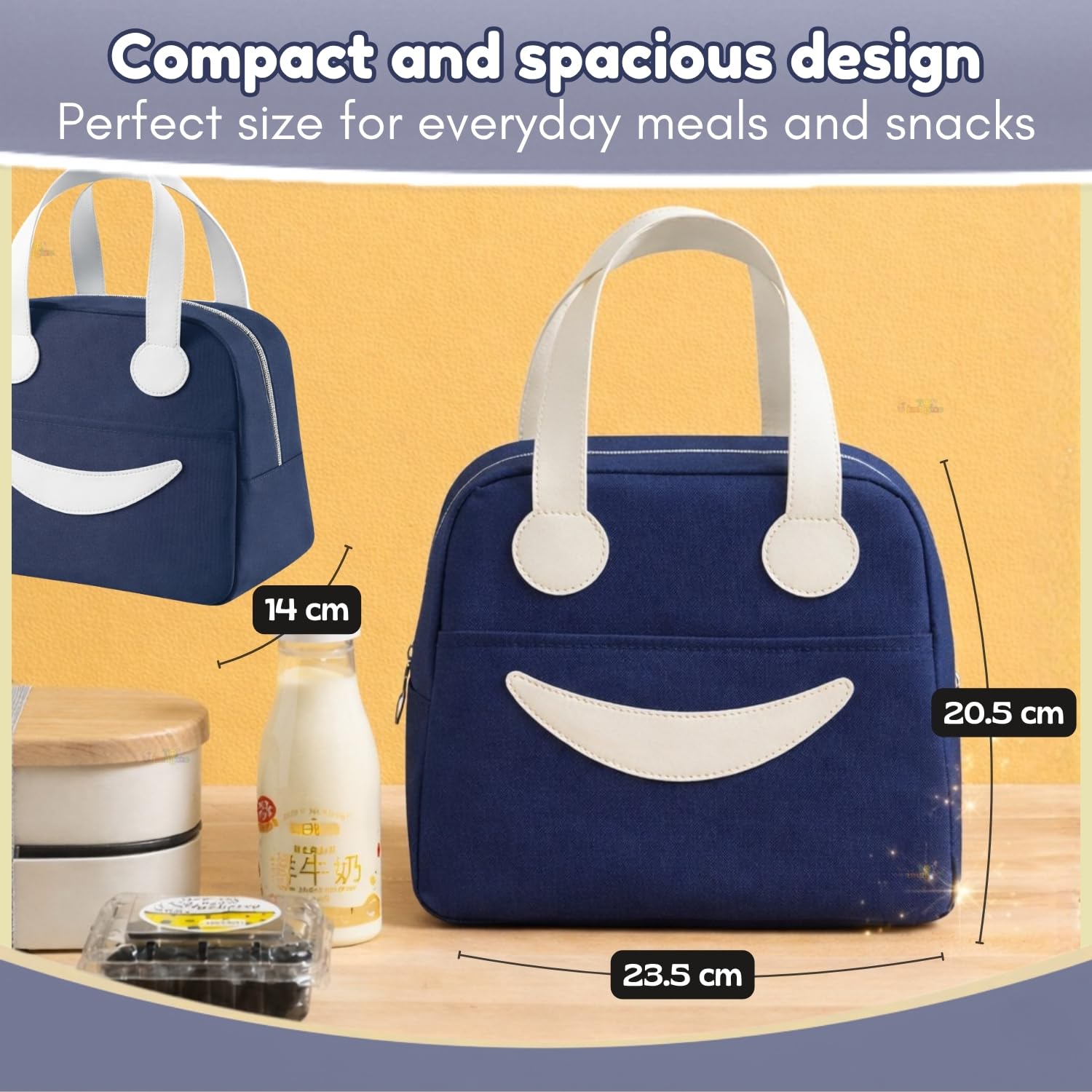 Toy Imagine 6.5L Insulated Lunch Bag for Kids Office School Men Women Smiley Face Tiffin Bag Snack Tote Bag Compact Portable Leak Proof Tiffin Pouch Hot and Cold Lunch Box Bag for Boys and Girls(blue)