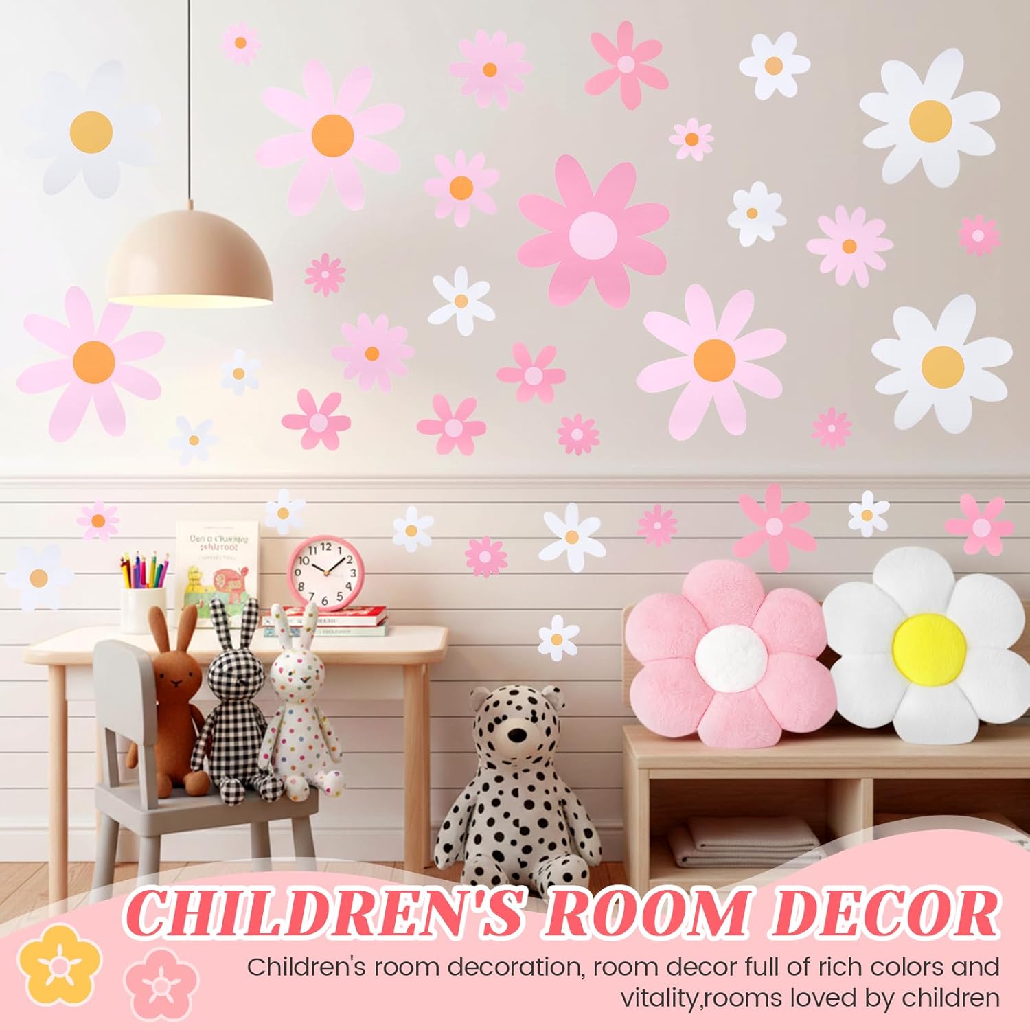 Flower Pillow and Wall Sticker Set Including 17.7 Inch 2 Daisy Pillow with 12 Stick Wall Decals for Home Nursery Bedroom Decor, Floral Theme Room Decorations