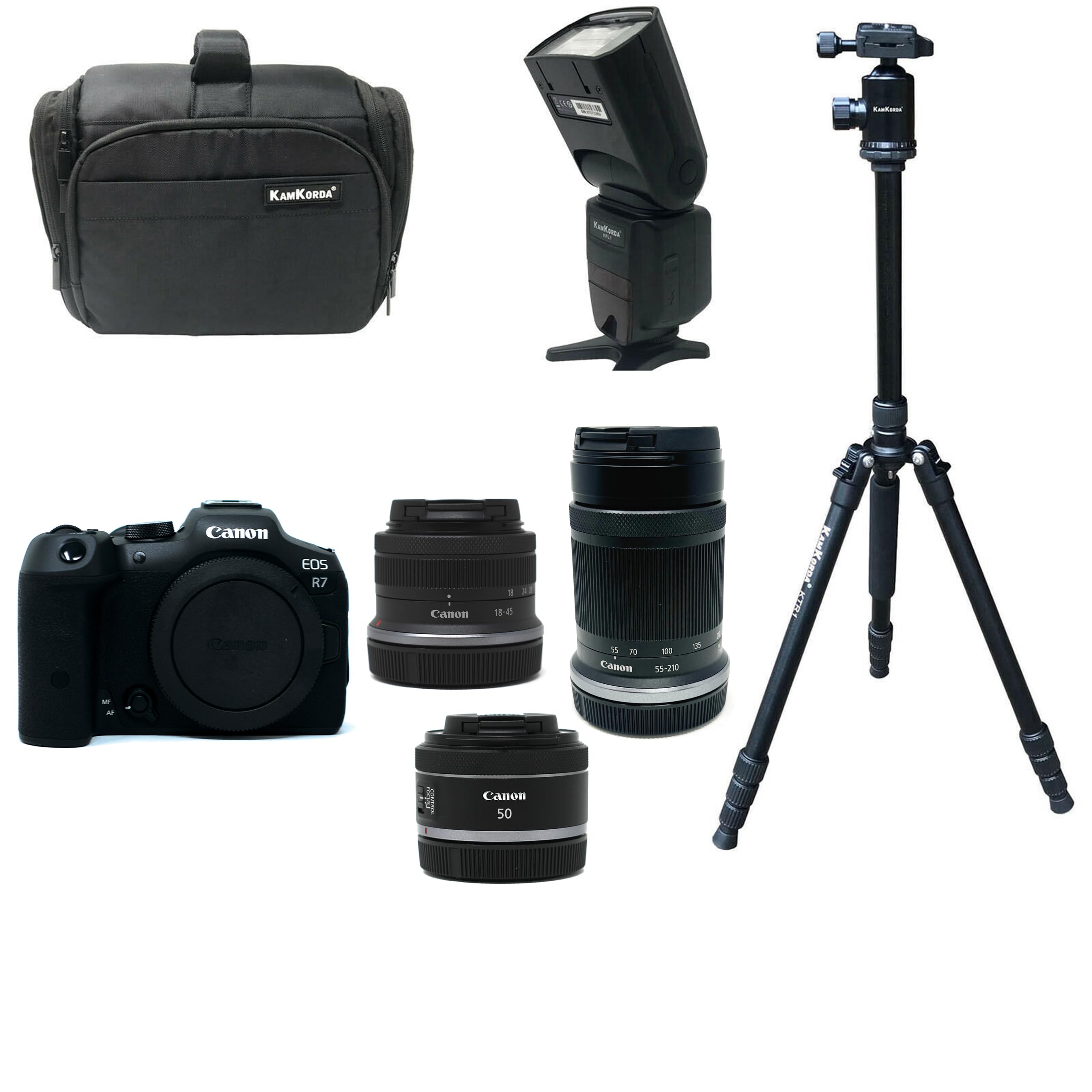 KamKorda Camera Bag + Flash + Tripod + R7 Mirrorless Camera + RF-S 18-45mm + RF-S 55-210mm + RF 50mm f/1.8 STM lenses, 32.5MP APS-C CMOS Sensor, 4K60 10-Bit Video + 2 Year Warranty