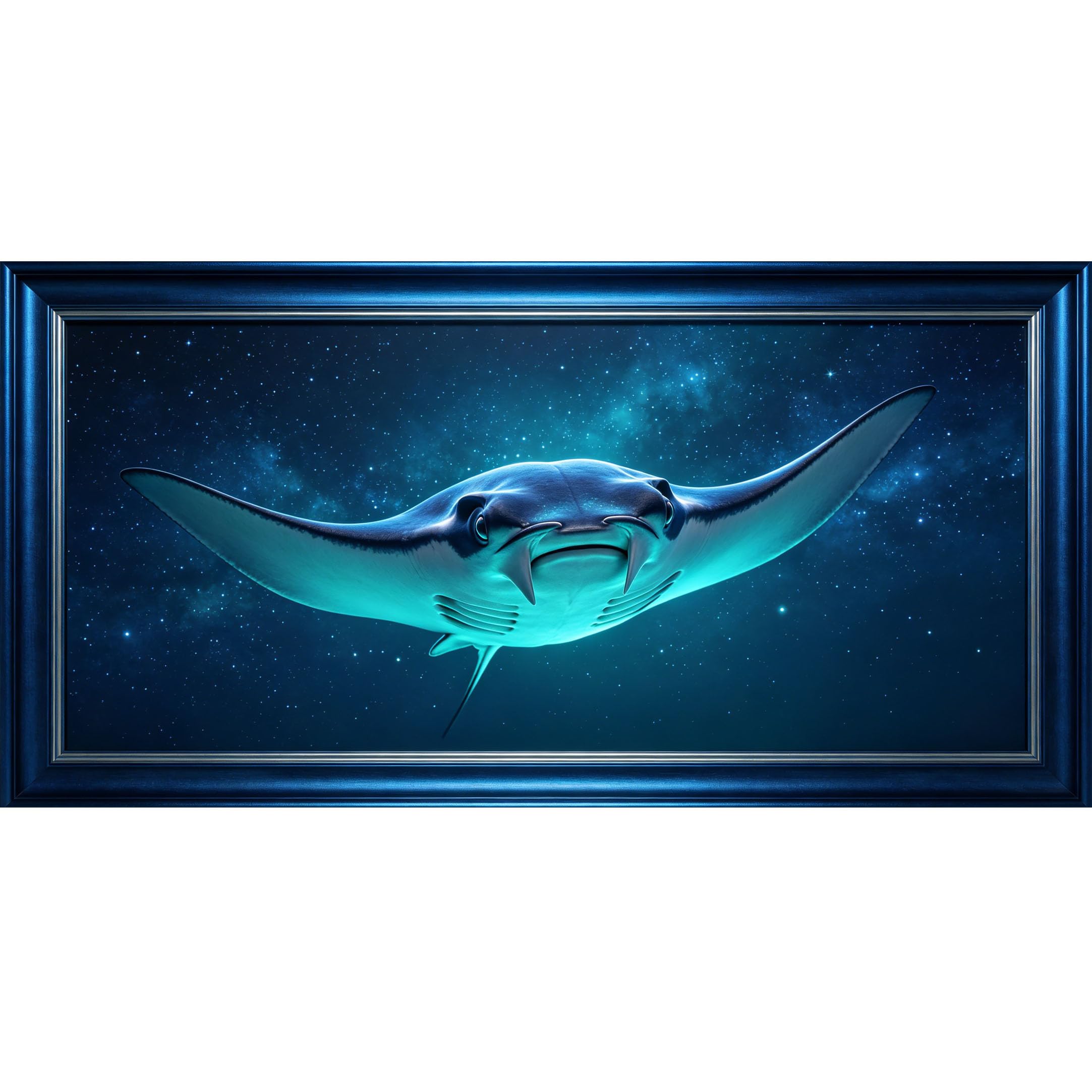 Agglomerix 3D Framed Wall Art Manta Ray Ocean Marine Underwater Starry Sky Blue Light Effect Large Size Self-Adhesive Removable Wall Decor Prints Artwork for Living Room Bedroom Office