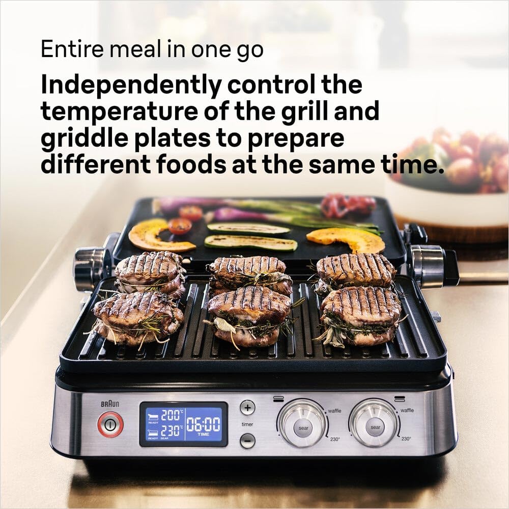 The Braun MultiGrill 9 with various foods cooking on both plates, demonstrating independent temperature control. The digital display shows different temperatures for each plate.