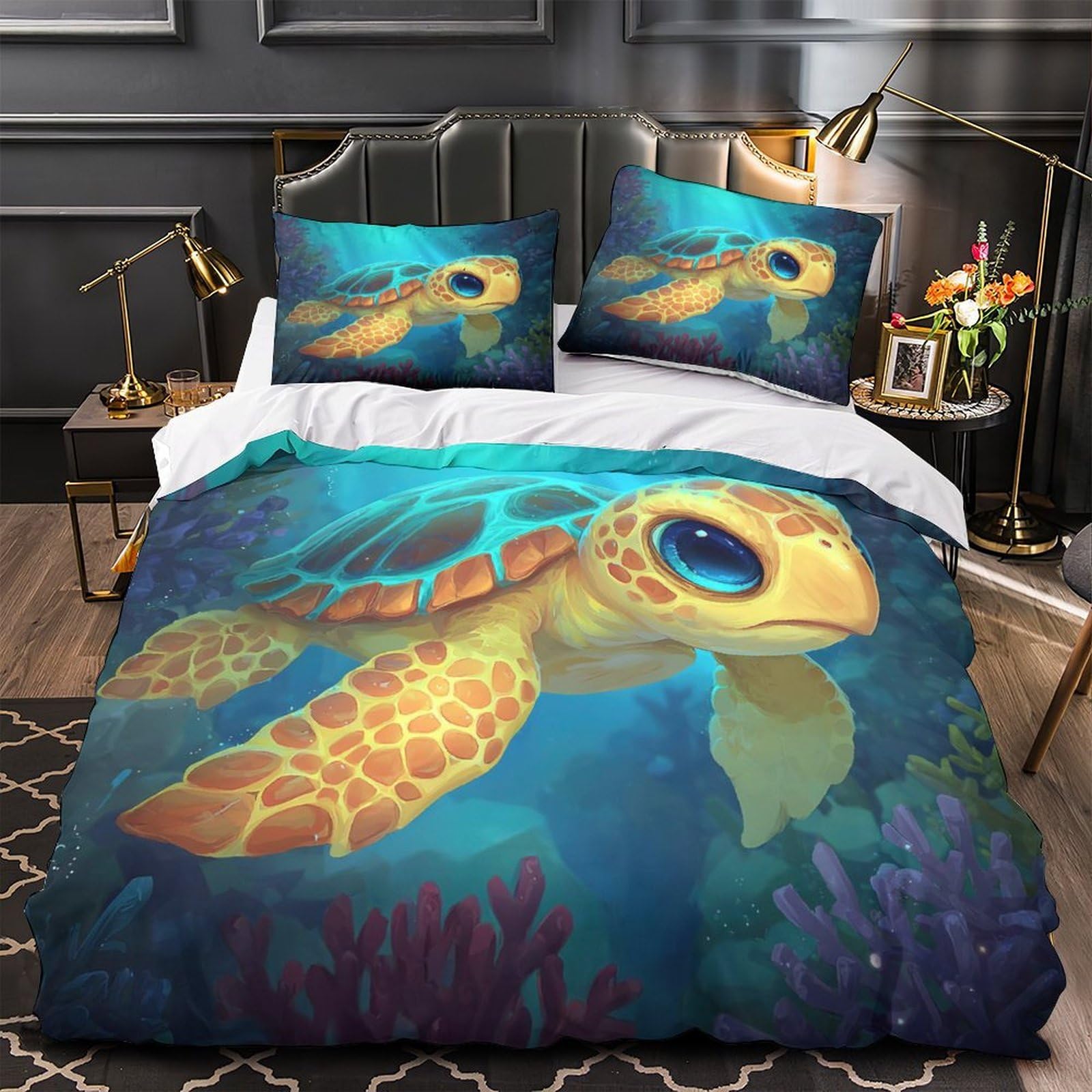 Housse de couette tortues de mer 200x200 microfibre avec taies