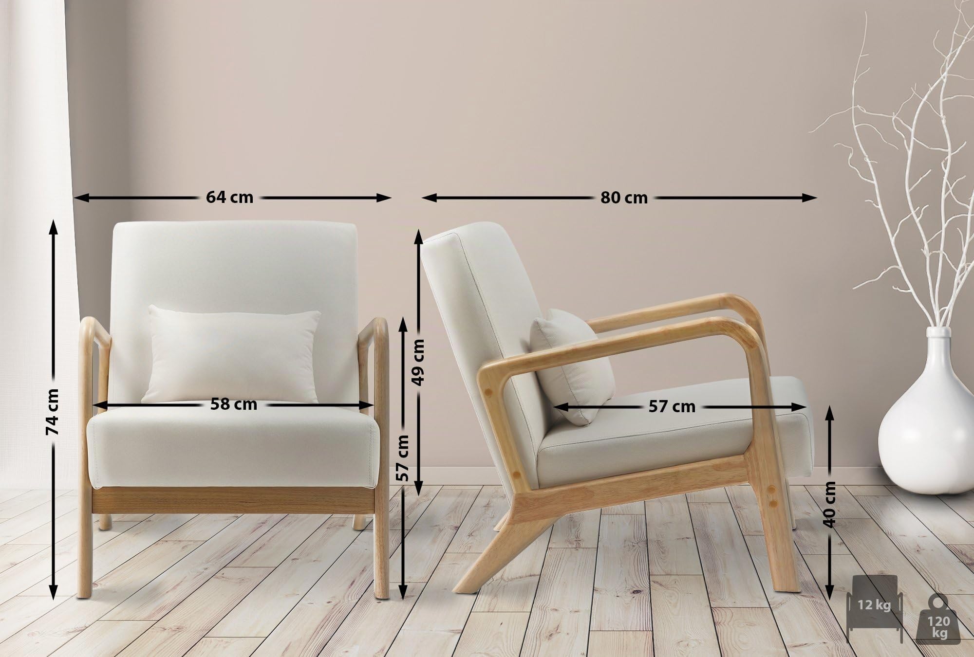 CLP Sillón Hibbing en Tela con cojín I Silla de Descanso con Base & reposabrazos de Madera I Butaca alcochada nórdica con Respaldo, Color:Crema