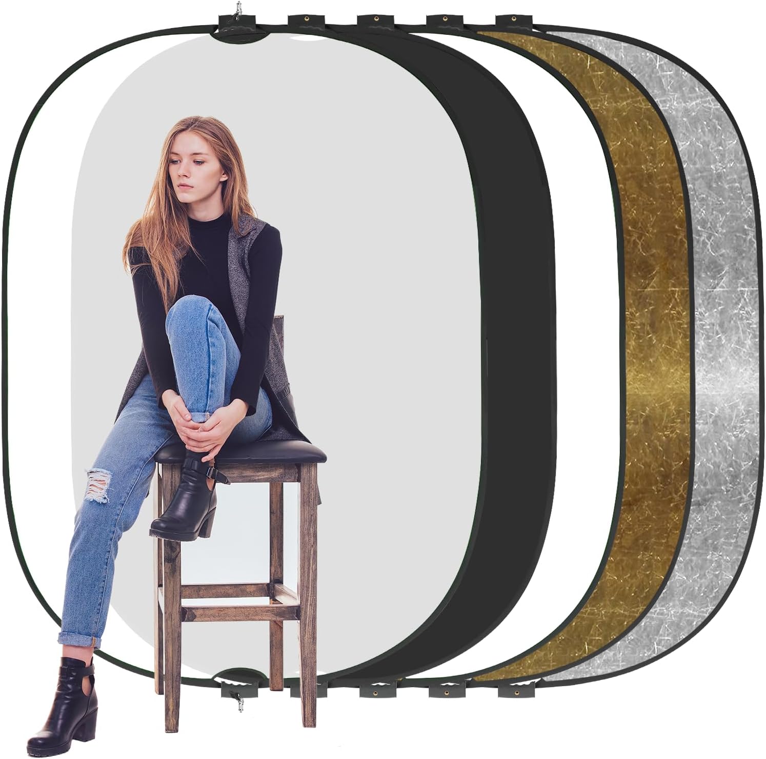 WELLMAKING 5x6.5feet/1.5x2M Reflector Photography, Collapsible Light Reflector with Threaded Handle & tilt Adapter, 5 in 1 Handle Reflector for Lighting -Translucent, Silver, Gold, White and Black