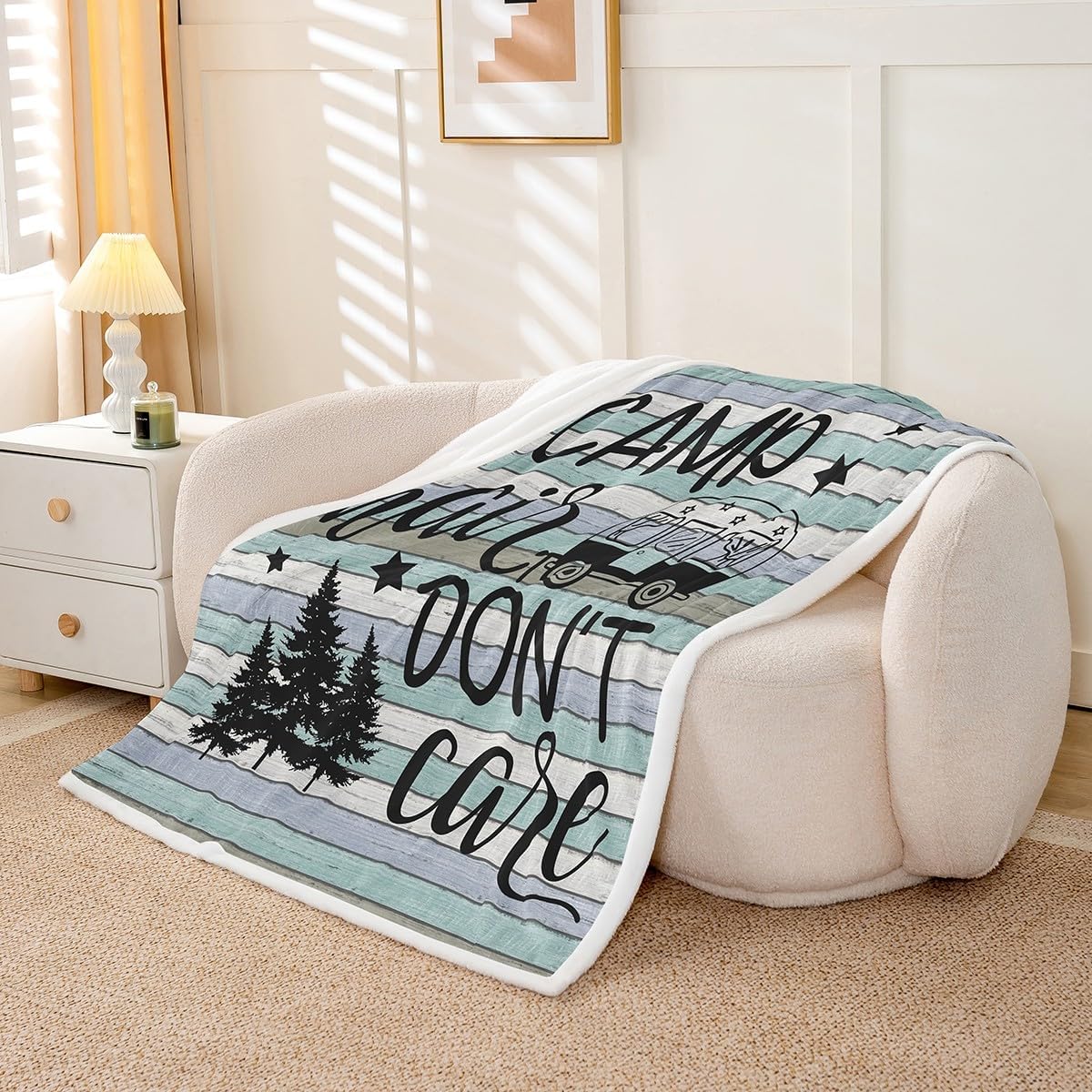 Rustic Farmhouse Style Throw Blanket, Camper Fleece Blanket Throw Size, Happy Camping Sherpa Blanket For Kids Teens Adult, Sketch Drawing Old Barn Door Plush Bed Blanket Decorative Sofa Couch