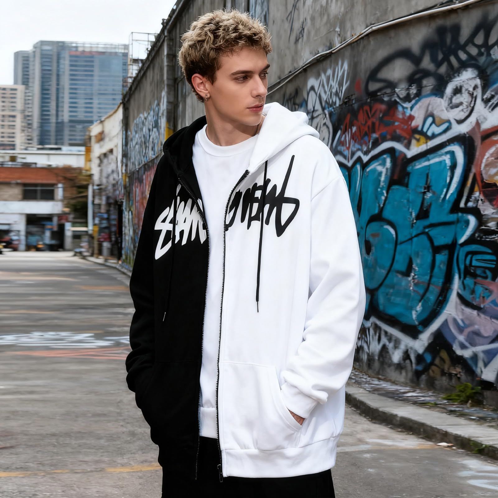 Felpa con Cappuccio e Zip da Uomo Giacca Patchwork | Cotone con Stile di Strada Hip Hop Sweatshirt